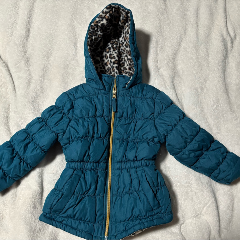 Pink Platinum Teal Puffer Jacket with Leopard Lining